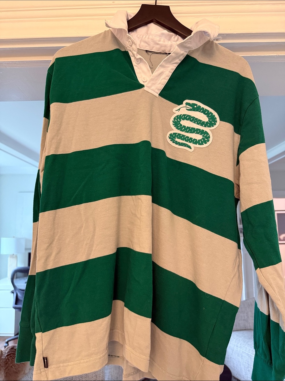 Slytherin Men’s Size Large Green and Cream Striped Rugby Shirt